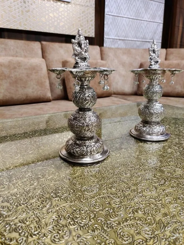 German_Silver_Antique_Engraved_Ganesha_Pooja_Diya_Stand_Pair