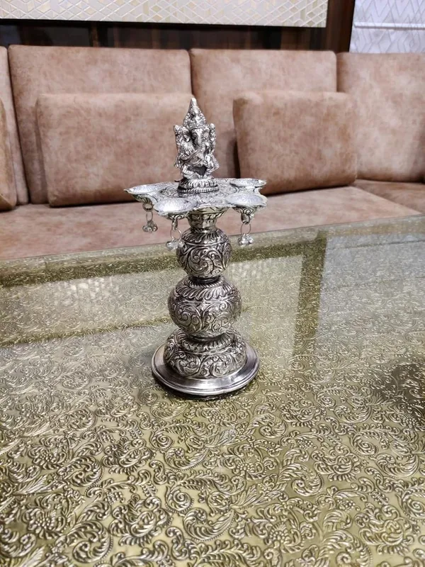 German_Silver_Antique_Engraved_Ganesha_Pooja_Diya_Stand_Pair