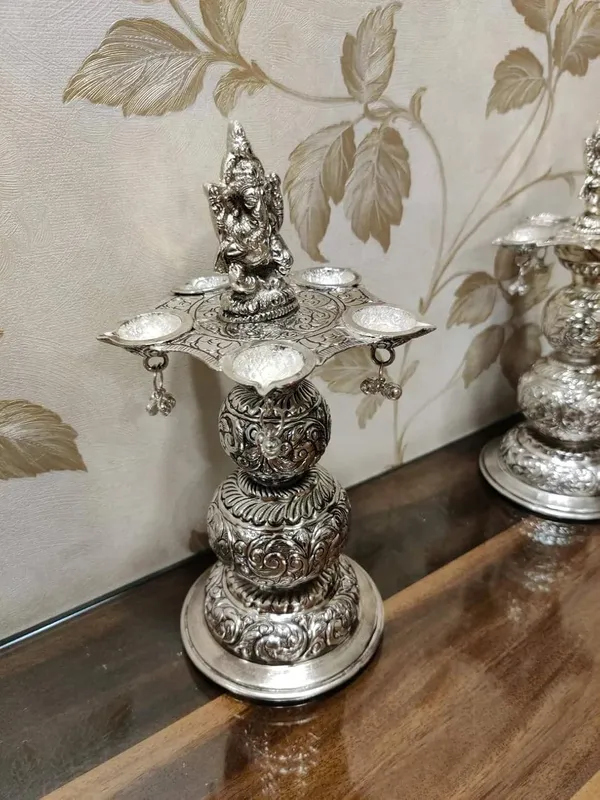 German_Silver_Antique_Engraved_Ganesha_Pooja_Diya_Stand_Pair