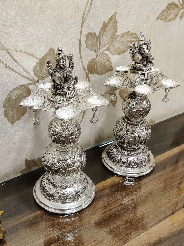 German_Silver_Antique_Engraved_Ganesha_Pooja_Diya_Stand_Pair