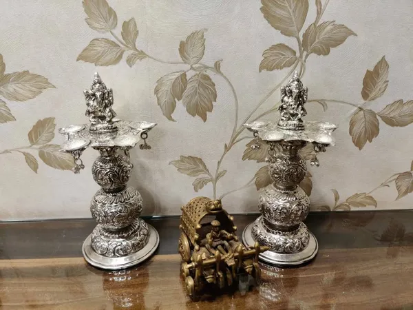 German_Silver_Antique_Engraved_Ganesha_Pooja_Diya_Stand_Pair