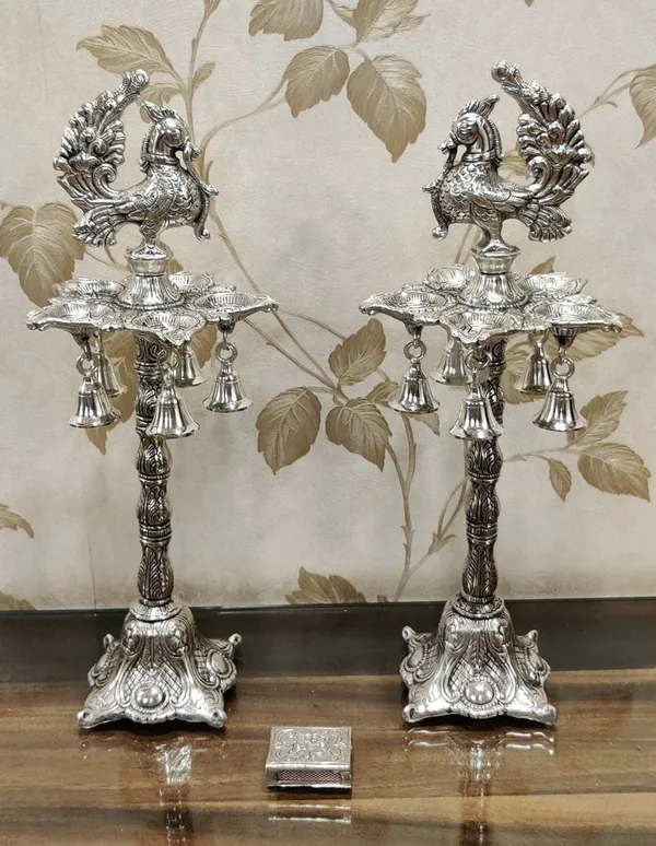 German_Silver_Antique_Peacock_Pooja_Oil_Lamp_Stand_Pair