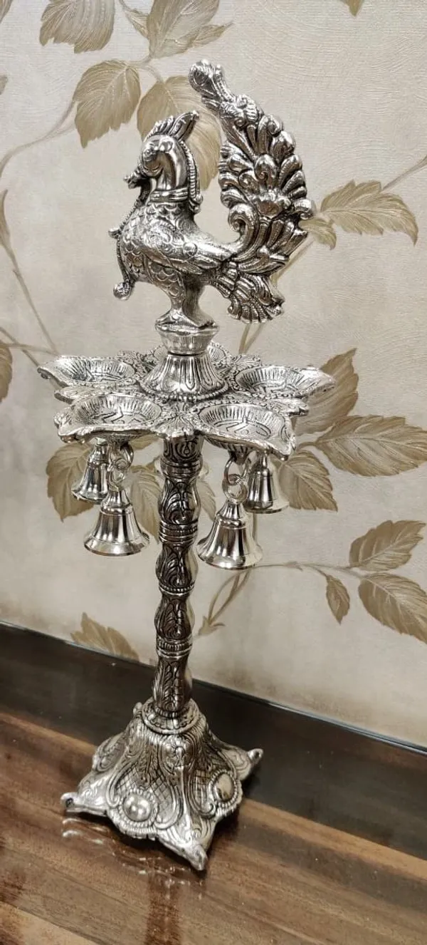 German_Silver_Antique_Peacock_Pooja_Oil_Lamp_Stand_Pair