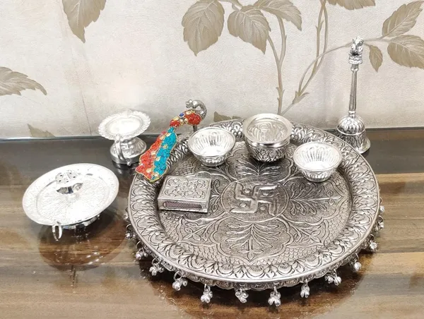 German_Silver_Traditional_Pooja_Thali_Set_Pack_Of_8