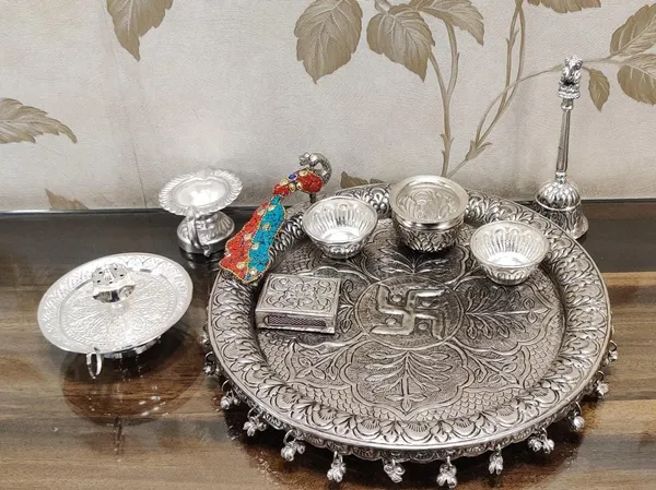 German_Silver_Traditional_Pooja_Thali_Set_Pack_Of_8