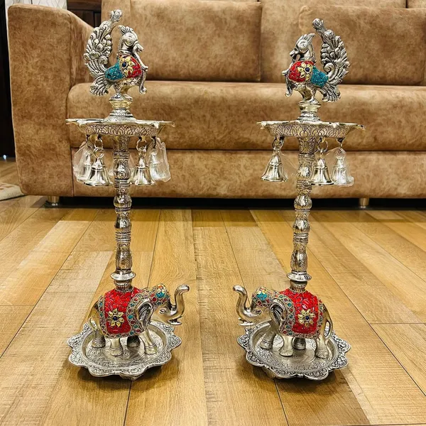 German_Silver_Antique_Peacock_Elephant_Base_Pooja_Diya_Stand_Pair