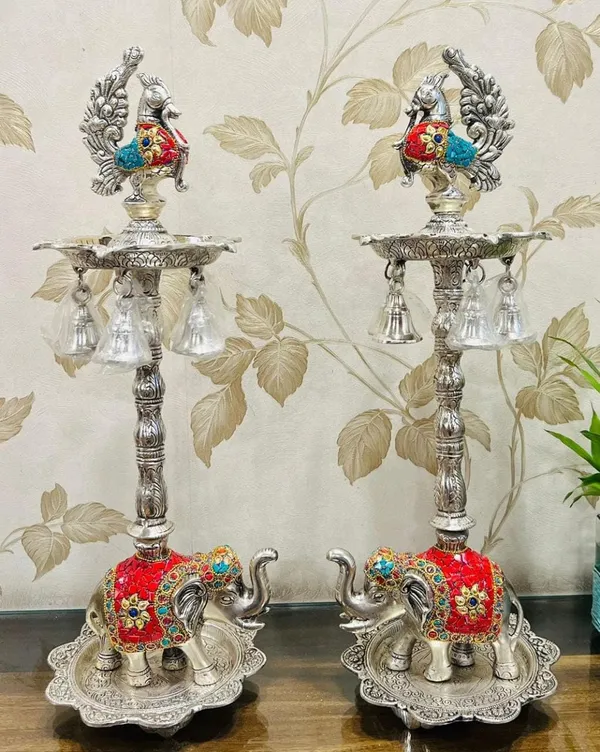 German_Silver_Antique_Peacock_Elephant_Base_Pooja_Diya_Stand_Pair