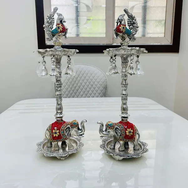 German_Silver_Antique_Peacock_Elephant_Base_Pooja_Diya_Stand_Pair