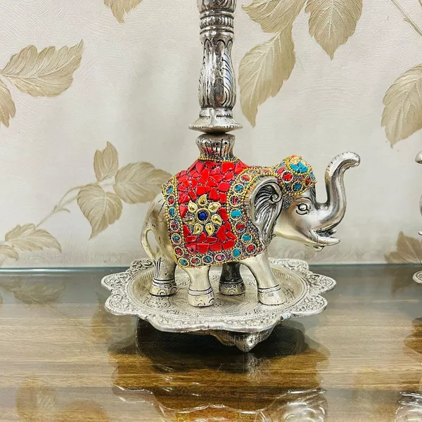 German_Silver_Antique_Peacock_Elephant_Base_Pooja_Diya_Stand_Pair
