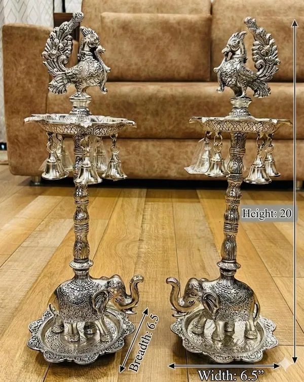 German_Silver_Antique_Peacock_Elephant_Base_Pooja_Samai_Diya_Set