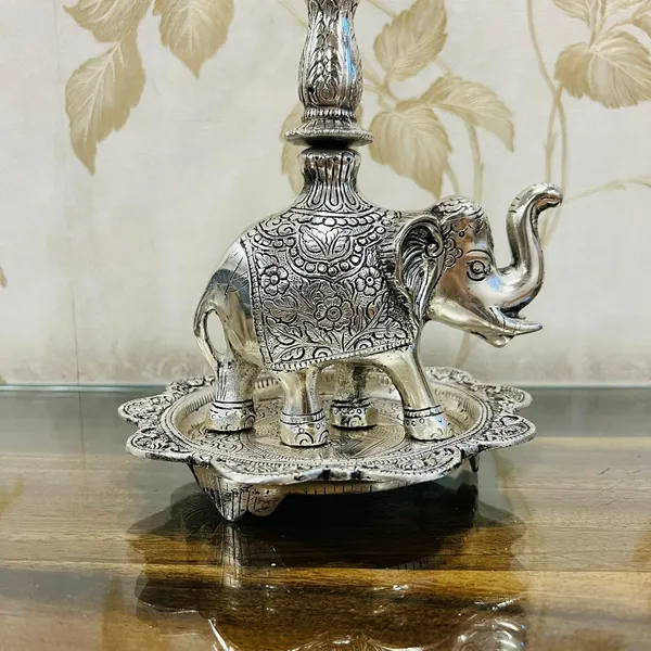 German_Silver_Antique_Peacock_Elephant_Base_Pooja_Samai_Diya_Set