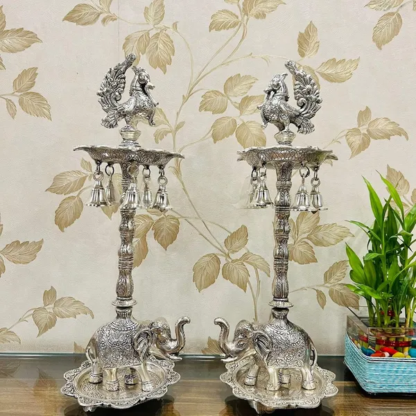 German_Silver_Antique_Peacock_Elephant_Base_Pooja_Samai_Diya_Set