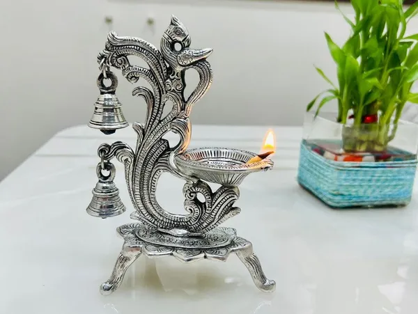 German_Silver_Antique_Peacock_Hanging_Bells_Pooja_Diya_Pair