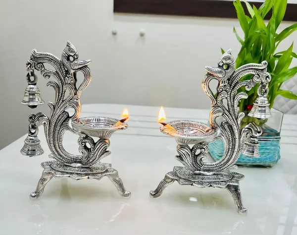 German_Silver_Antique_Peacock_Hanging_Bells_Pooja_Diya_Pair