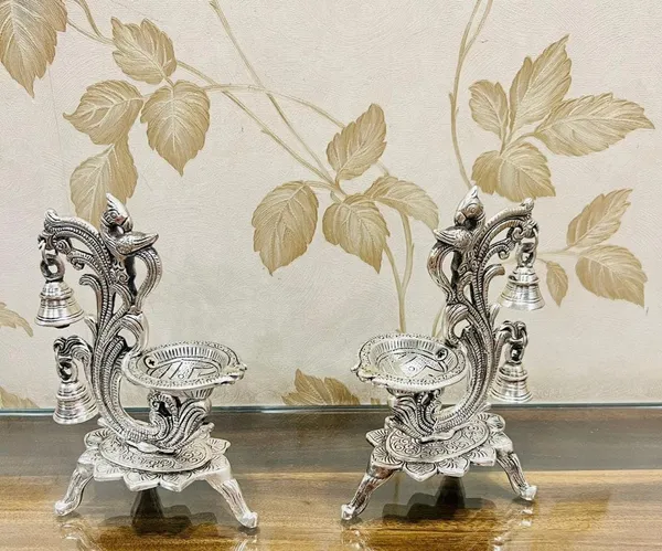 German_Silver_Antique_Peacock_Hanging_Bells_Pooja_Diya_Pair