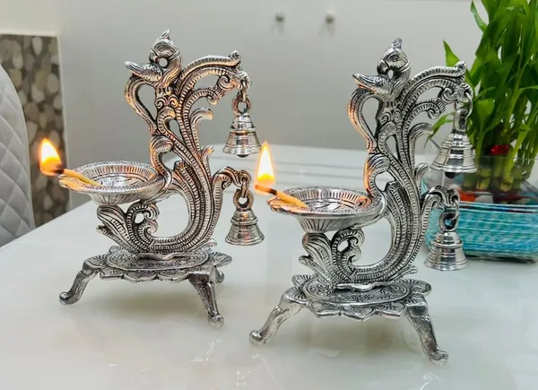 German_Silver_Antique_Peacock_Hanging_Bells_Pooja_Diya_Pair