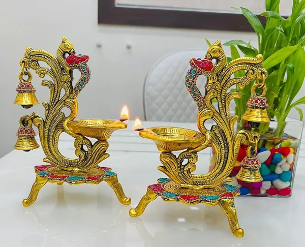 German_Silver_Peacock_Design_Diya_With_Hanging_Bells_Pack_Of_2