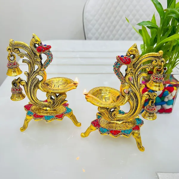 German_Silver_Peacock_Design_Diya_With_Hanging_Bells_Pack_Of_2
