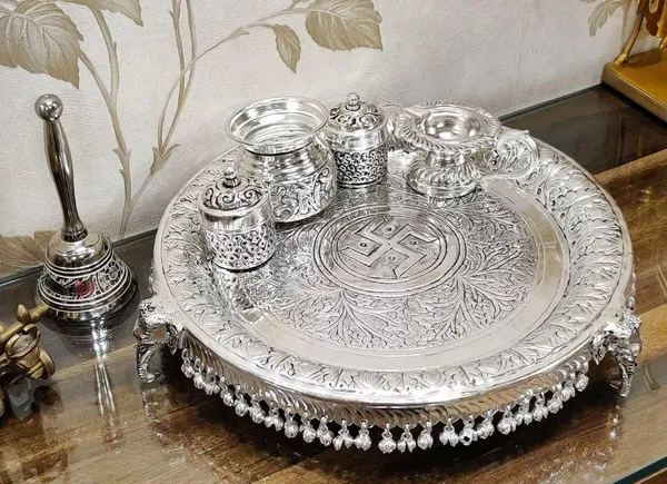 German_Silver_Traditional_Pooja_Thali_Set_With_Stand_Pack_Of_5