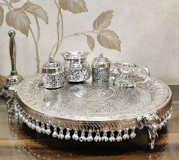 German_Silver_Traditional_Pooja_Thali_Set_With_Stand_Pack_Of_5