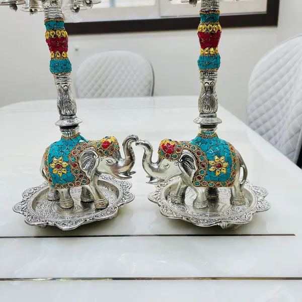 German_Silver_Antique_Peacock_Elephant_Base_Pooja_Diya_Stand_Pair