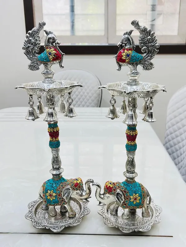 German_Silver_Antique_Peacock_Elephant_Base_Pooja_Diya_Stand_Pair