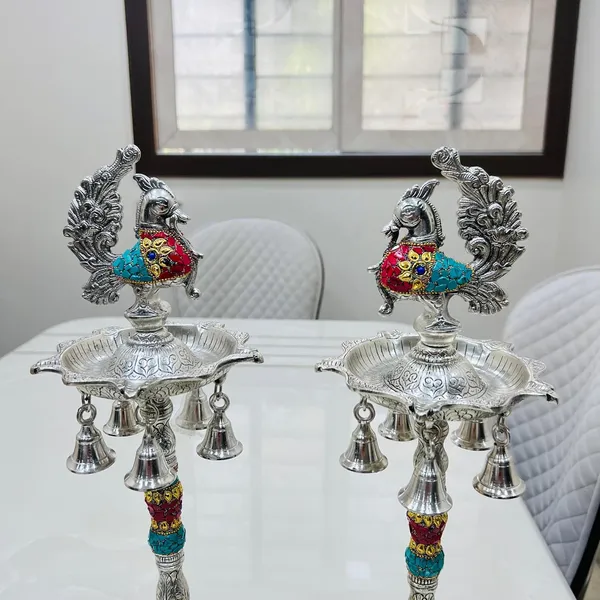 German_Silver_Antique_Peacock_Elephant_Base_Pooja_Diya_Stand_Pair