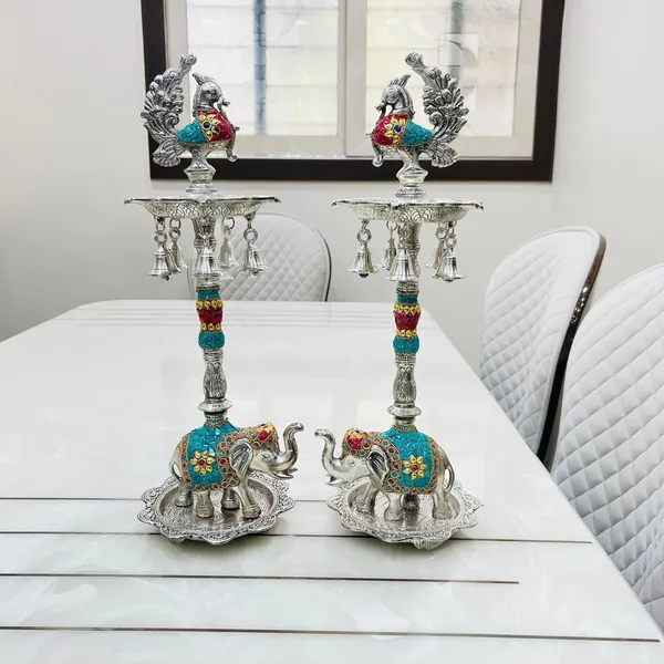 German_Silver_Antique_Peacock_Elephant_Base_Pooja_Diya_Stand_Pair