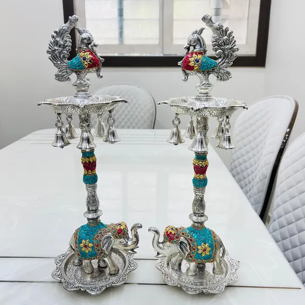 German_Silver_Antique_Peacock_Elephant_Base_Pooja_Diya_Stand_Pair