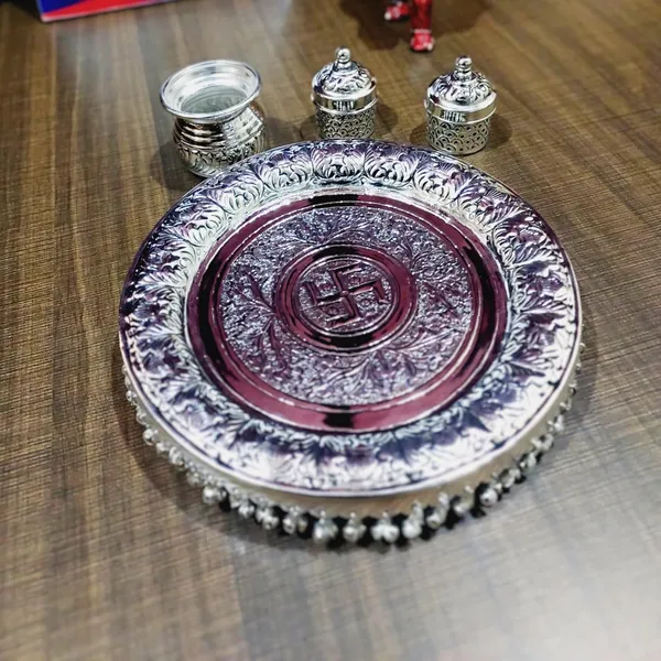 German_Silver_Traditional_Pooja_Thali_Set_With_Stand_Pack_Of_4