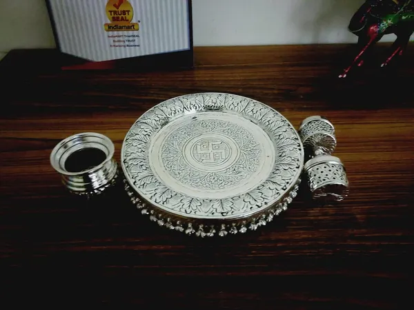 German_Silver_Traditional_Pooja_Thali_Set_With_Stand_Pack_Of_4