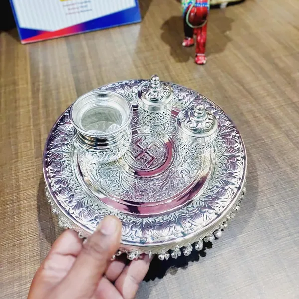 German_Silver_Traditional_Pooja_Thali_Set_With_Stand_Pack_Of_4