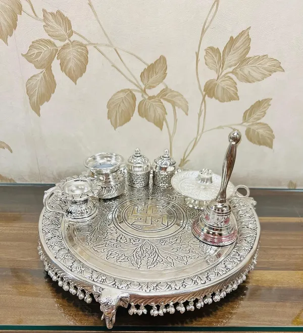 German_Silver_Traditional_Pooja_Thali_Set_With_Stand_Pack_Of_11