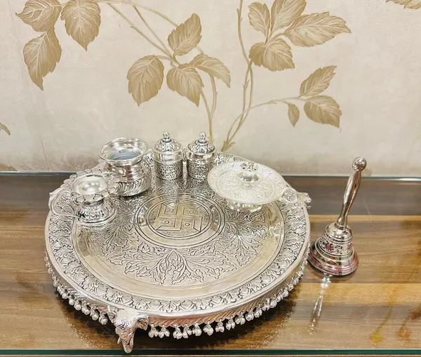 German_Silver_Traditional_Pooja_Thali_Set_With_Stand_Pack_Of_11