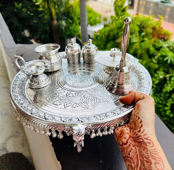 German_Silver_Traditional_Pooja_Thali_Set_With_Stand_Pack_Of_11