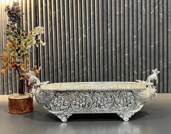 German_Silver_Antique_Embossed_Peacock_Dry_Fruit_Serving_Platter