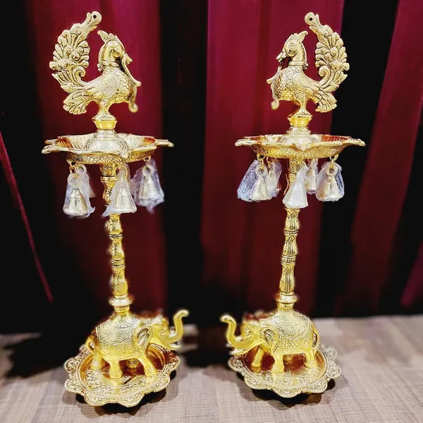 Brass_Antique_Peacock_Elephant_Base_Pooja_Diya_Stand_Pair
