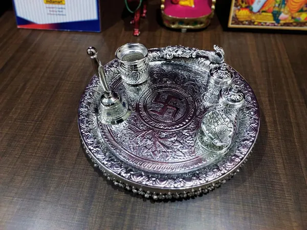 German_Silver_Peacock_Design_Pooja_Thali_Set_With_Stand_Pack_Of_6