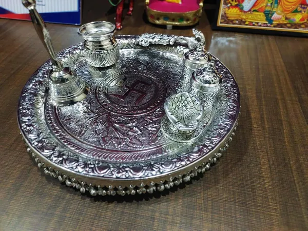 German_Silver_Peacock_Design_Pooja_Thali_Set_With_Stand_Pack_Of_6