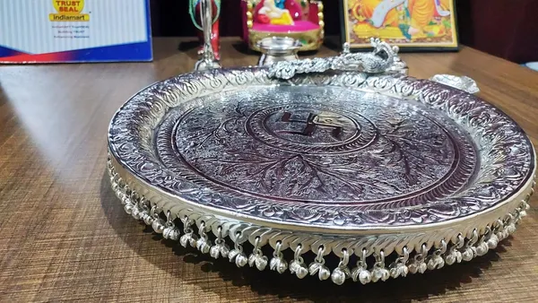 German_Silver_Peacock_Design_Pooja_Thali_Set_With_Stand_Pack_Of_6