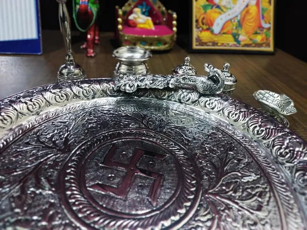 German_Silver_Peacock_Design_Pooja_Thali_Set_With_Stand_Pack_Of_6