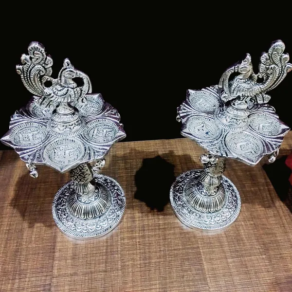 German_Silver_Antique_Peacock_Pooja_Diya_Stand_Pair