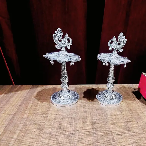 German_Silver_Antique_Peacock_Pooja_Diya_Stand_Pair