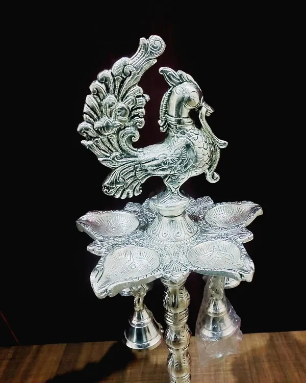 German_Silver_Antique_Peacock_Pooja_Diya_Stand_Pair