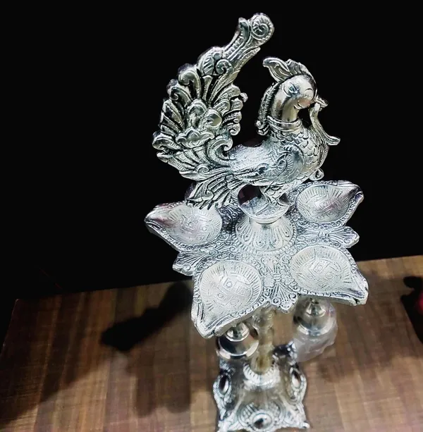 German_Silver_Antique_Peacock_Pooja_Diya_Stand_Pair