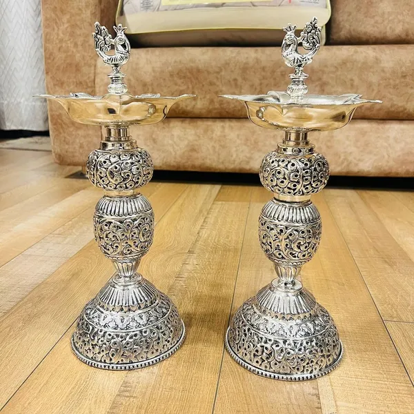 German_Silver_Hand_Engraved_Peacock_Bells_Pooja_Diya_Stand_Pair