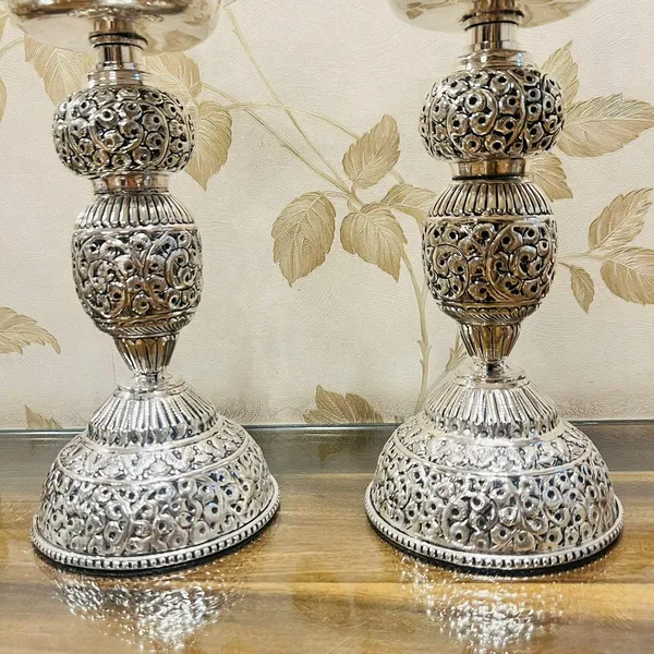 German_Silver_Hand_Engraved_Peacock_Bells_Pooja_Diya_Stand_Pair