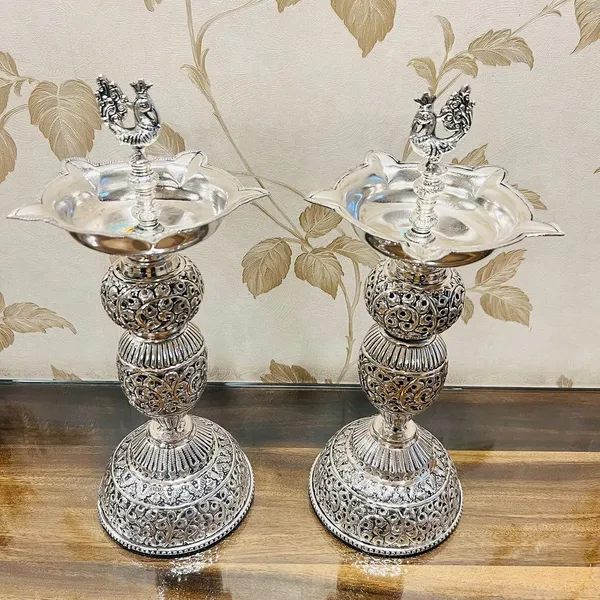 German_Silver_Hand_Engraved_Peacock_Bells_Pooja_Diya_Stand_Pair