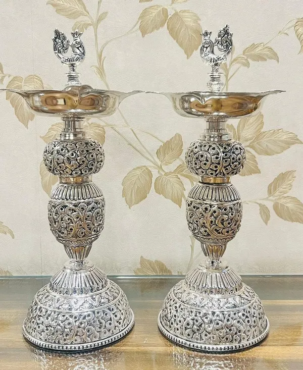 German_Silver_Hand_Engraved_Peacock_Bells_Pooja_Diya_Stand_Pair