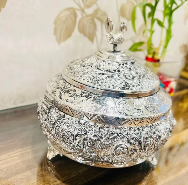 German_Silver_Antique_Engraved_Peacock_Dry_Fruit_Storage_Box